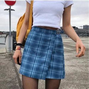 John Galt Brandy Melville Blue Plaid mini skirt with buckle